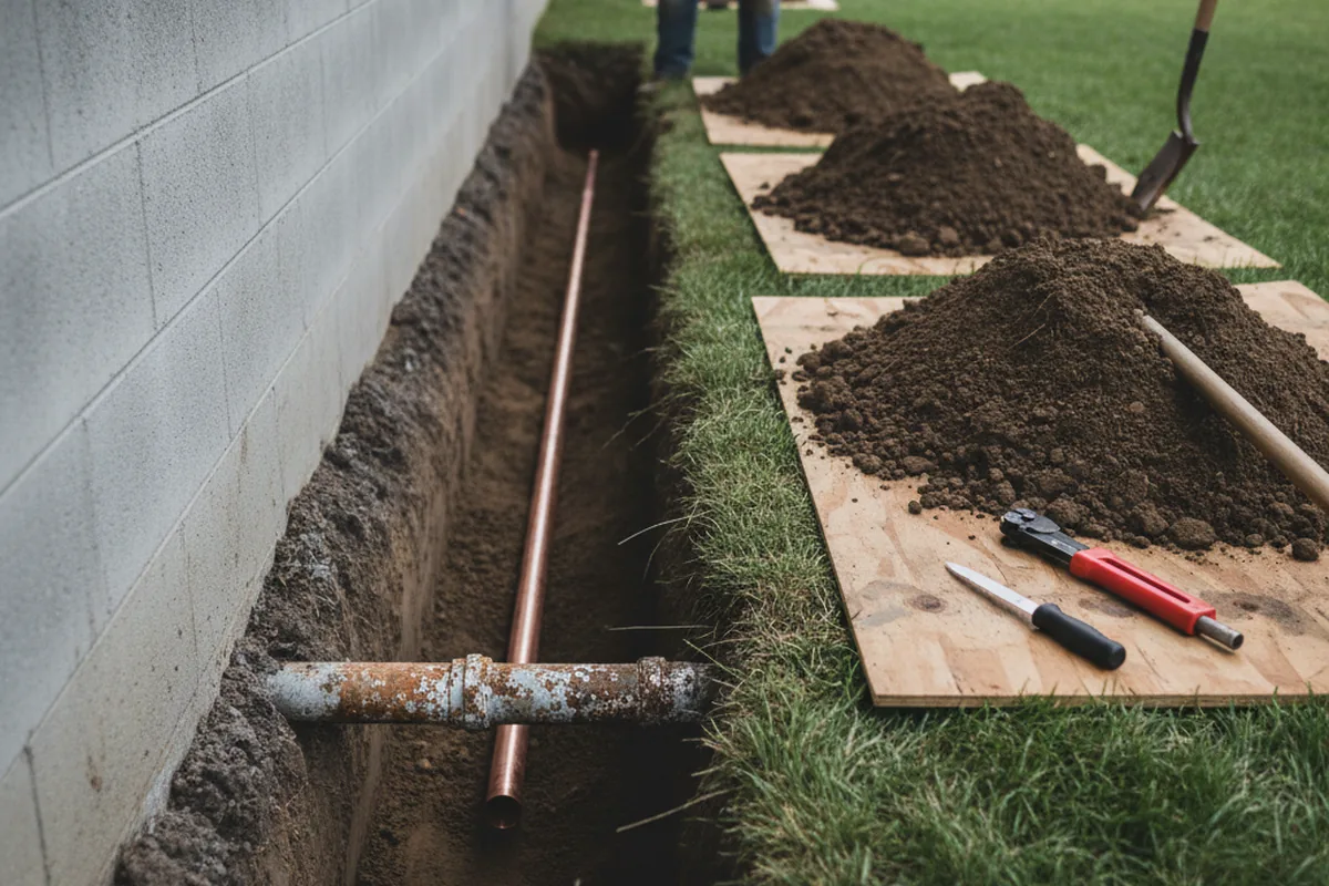 Excavated water line trench during Water Softener Installation in Pine Bush